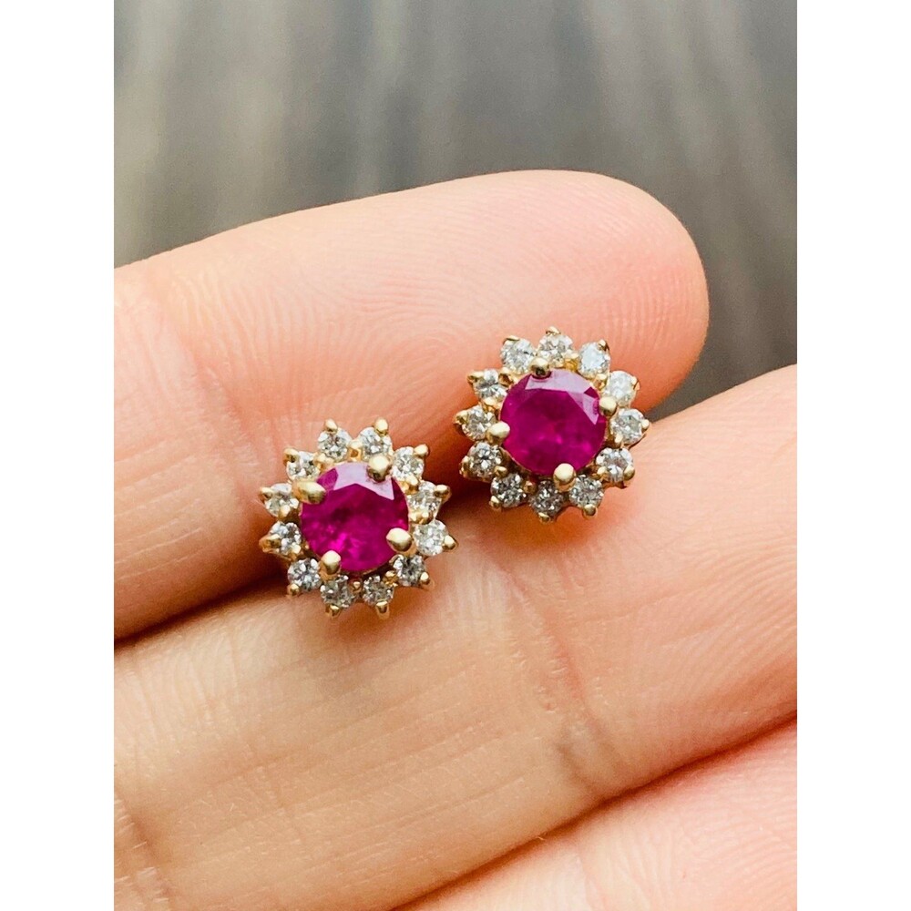 14k Solid Gold Genuine Ruby Diamond Earrings - image 1